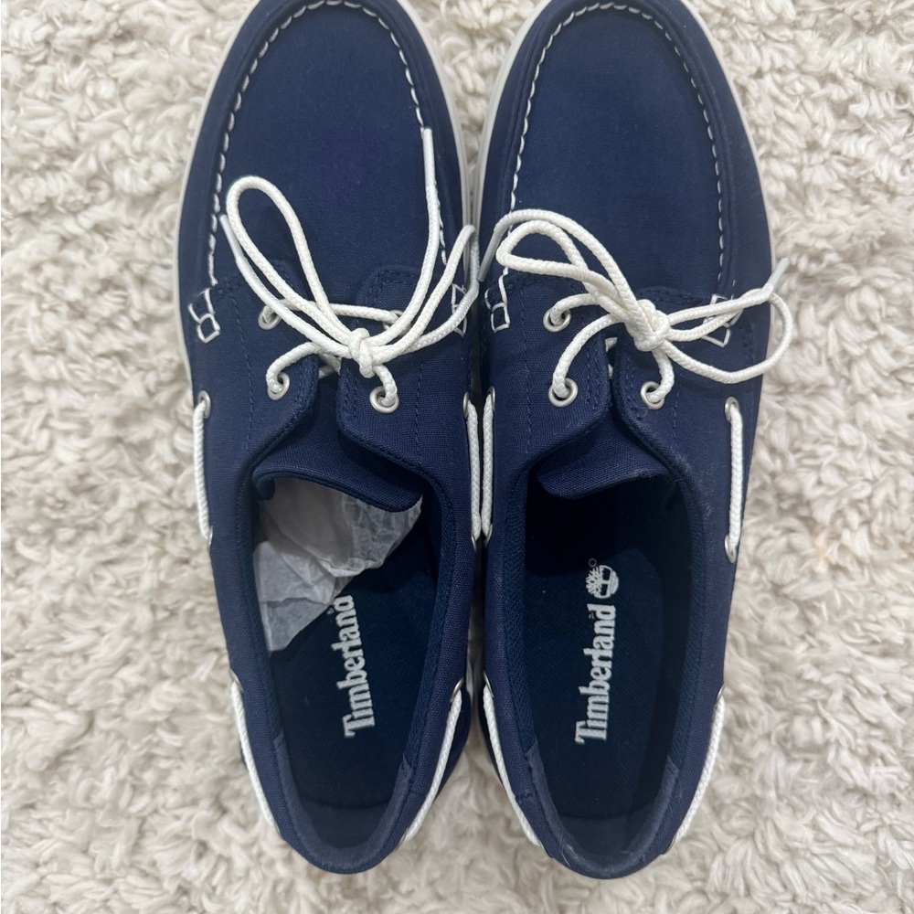 Timberland Dark Blue Boat Shoes with White Accents